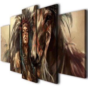 Native American Women Horse - Abstract 5 Panel Canvas Art Wall Decor