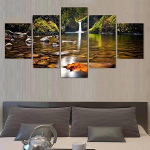 Nature Waterfall In Autumn - Nature 5 Panel Canvas Art Wall Decor