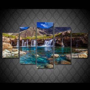 Nebo Gory Potoki Kamni Ozero Waterfall Mountains 01 - Nature 5 Panel Canvas Art Wall Decor