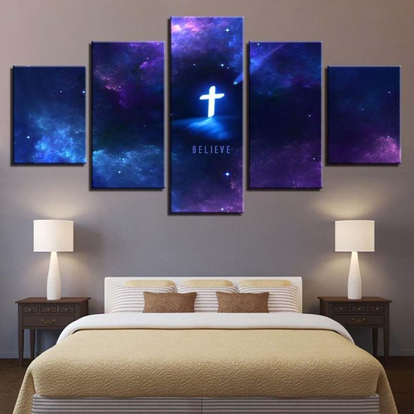 Nebula Christ Cross Believe Faith - Religion 5 Panel Canvas Art Wall Decor