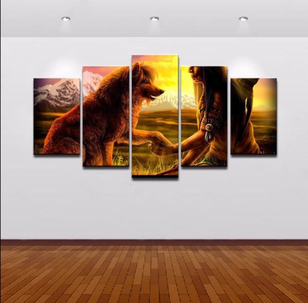 New Fantasy And The Wolf - Animal 5 Panel Canvas Art Wall Decor