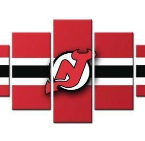 New Jersey Devils Logo Center Black - Sport 5 Panel Canvas Art Wall Decor