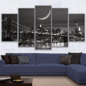 New York City Moonscape Brooklyn Bridge - Nature 5 Panel Canvas Art Wall Decor