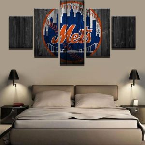 New York Mets Logo On Wood Baseball - 5 Panel Canvas Art Wall Decor