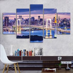 Night Building In Tokyo Bay - Nature 5 Panel Canvas Art Wall Decor