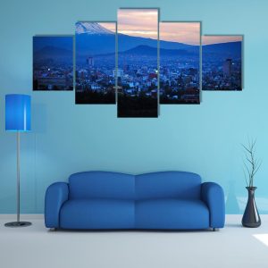 Night View Of Popocat??Petl Volcano Mountain - Nature 5 Panel Canvas Art Wall Decor