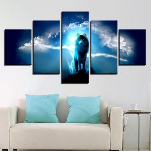 Night Wolf - Abstract Animal 5 Panel Canvas Art Wall Decor