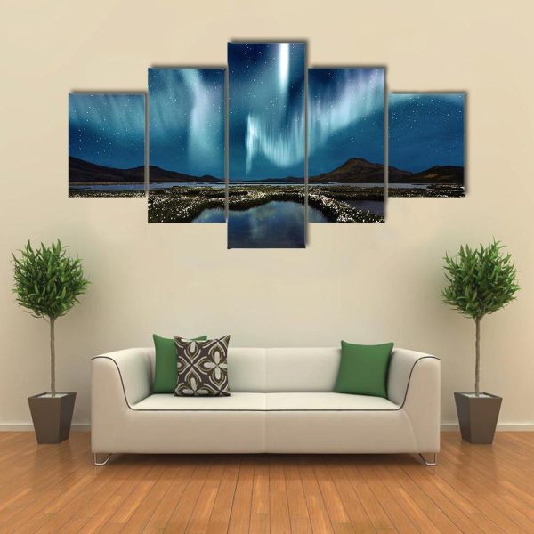 Northern Lights Over The Wildflowers - Nature 5 Panel Canvas Art Wall Decor