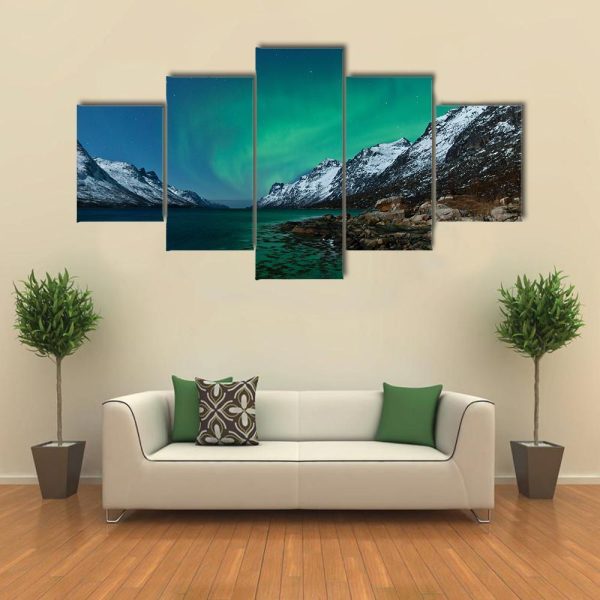 Northern Lights Reflection With Fjords - Nature 5 Panel Canvas Art Wall Decor