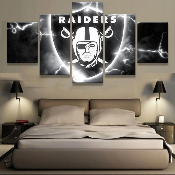 Oakland Raiders Thunder Logo Football - 5 Panel Canvas Art Wall Decor