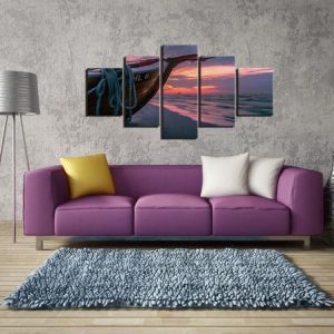 Oat On Sea Ocean At Sunset - Nature 5 Panel Canvas Art Wall Decor