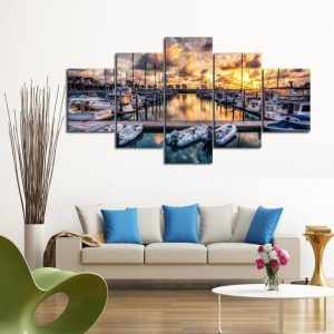 Ocean Fishing Sunset - Fishing 5 Panel Canvas Art Wall Decor