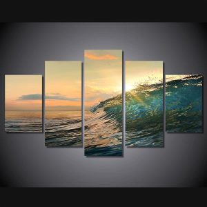 Ocean Sea Rolling Wave Sunset 02 - Space 5 Panel Canvas Art Wall Decor