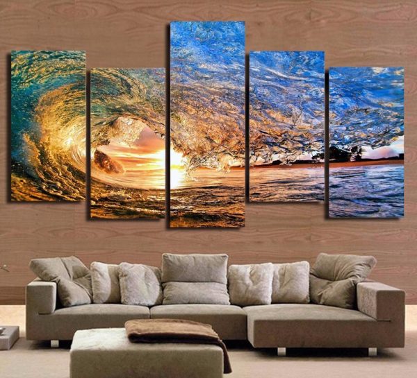 Ocean Sea Wave Sunset Seascape 1 - Nature 5 Panel Canvas Art Wall Decor