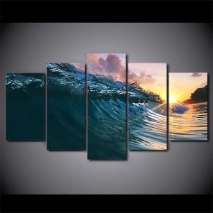 Ocean Surf Wave Surfing At Sunset 01 - Nature 5 Panel Canvas Art Wall Decor