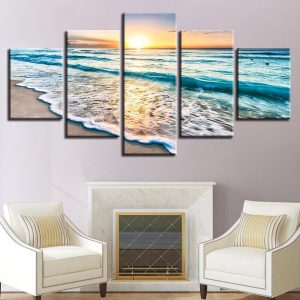 Ocean Waves In Sunset Nature - 5 Panel Canvas Art Wall Decor