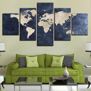 Office Gray Blue World Map Abstract - World Map 5 Panel Canvas Art Wall Decor