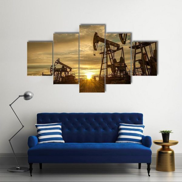 Oil Pump Jacks At Sunset Sky Nature - 5 Panel Canvas Art Wall Decor