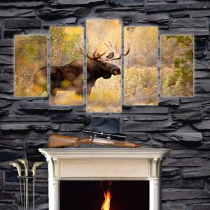 Old Elk In Forest Fashion Deer - Animal 5 Panel Canvas Art Wall Decor