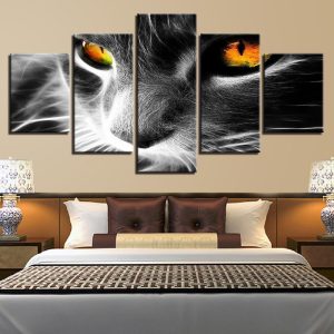 Orange Eyes Grey Cat - Abstract Animal 5 Panel Canvas Art Wall Decor