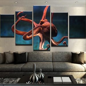 Orange Octopus - Animal 5 Panel Canvas Art Wall Decor