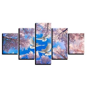 Ove Bird Cherry Blossom - Animal 5 Panel Canvas Art Wall Decor