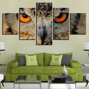 Owl Face Red Eyes - Animal 5 Panel Canvas Art Wall Decor