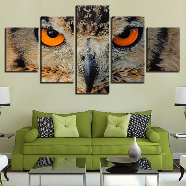 Owl Face Red Eyes - Animal 5 Panel Canvas Art Wall Decor