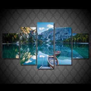 Ozero Paluba Lodki Gory Row Boats And Mountains Blue Sky 01 - Nature 5 Panel Canvas Art Wall Decor