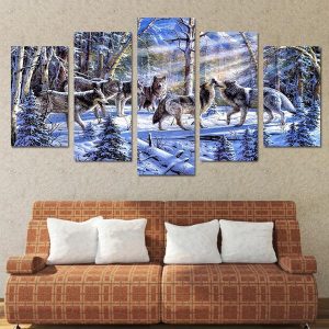 Pack Of Wolves Wolf In Snow 02 - Animal 5 Panel Canvas Art Wall Decor