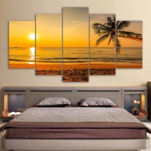 Palm Tree Beach Sunset - Space 5 Panel Canvas Art Wall Decor