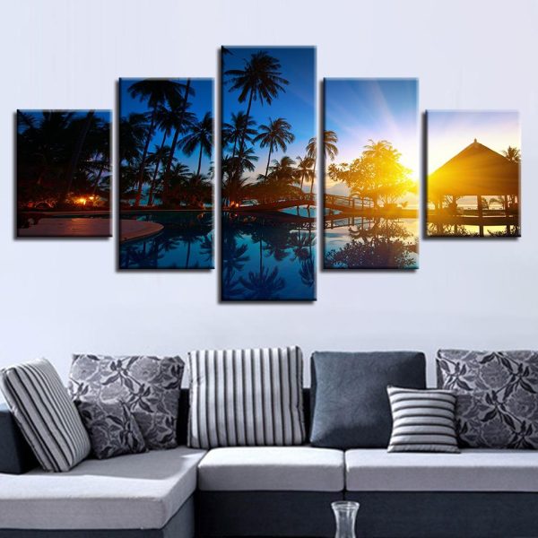 Palm Trees And House Sunrise Sunshine - Nature 5 Panel Canvas Art Wall Decor