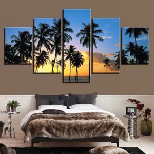 Palm Trees On The Beach At Sunrise - Space 5 Panel Canvas Art Wall Decor