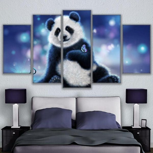 Panda And Butterfly Animal - 5 Panel Canvas Art Wall Decor