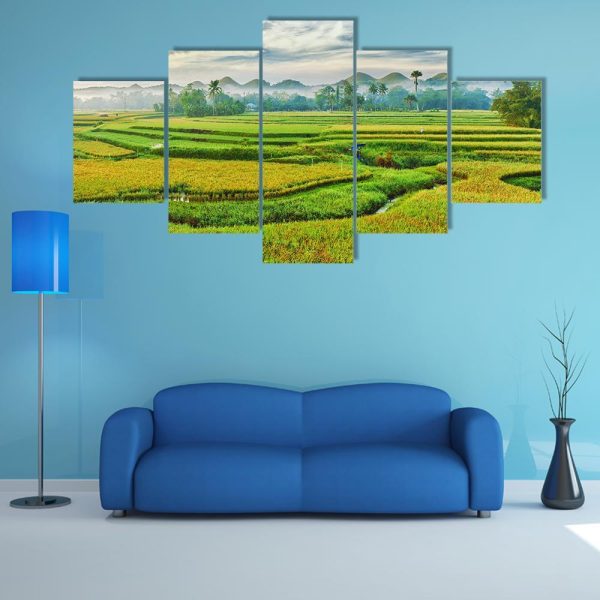 Panorama Of The Paddy Rice Field - Nature 5 Panel Canvas Art Wall Decor