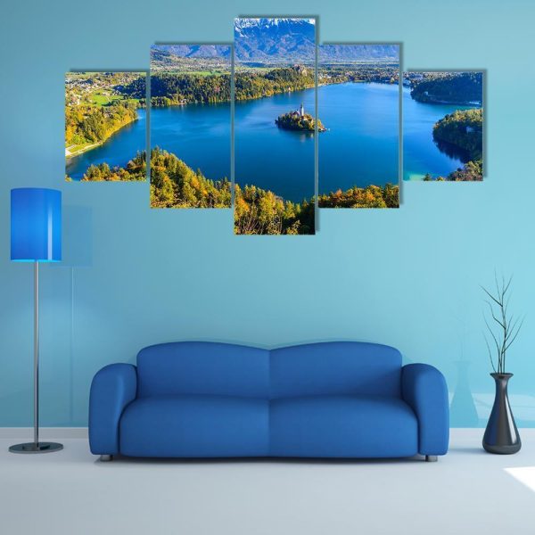 Panoramic View Of Lake Bled In Slovenia - Nature 5 Panel Canvas Art Wall Decor