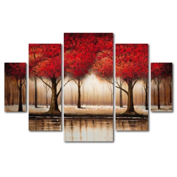 Parade Of Red Tree Landscape - Nature 5 Panel Canvas Art Wall Decor