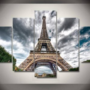 Paris City Eiffel Tower Under Sky - Nature 5 Panel Canvas Art Wall Decor