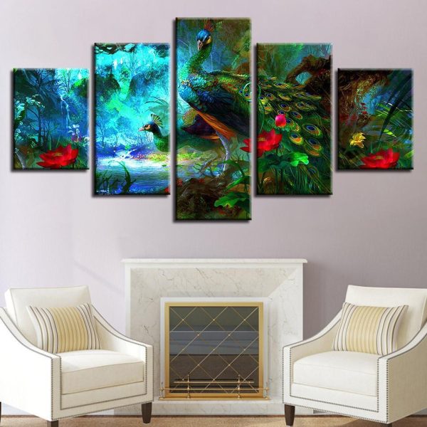 Peacock 1 - Animal 5 Panel Canvas Art Wall Decor