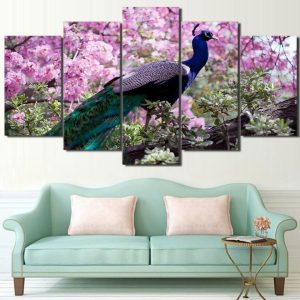 Peacock Color Feather Pink Flower - Animal 5 Panel Canvas Art Wall Decor