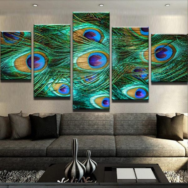 Peacock Feathers - Animal 5 Panel Canvas Art Wall Decor