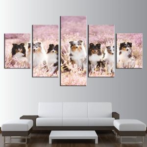 Pet Dogs In Flowers - Animal 5 Panel Canvas Art Wall Decor