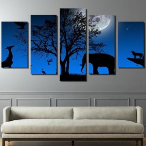 Peyzazh Derevo Vetki Krona Elephant Giraffe 01 - Animal 5 Panel Canvas Art Wall Decor