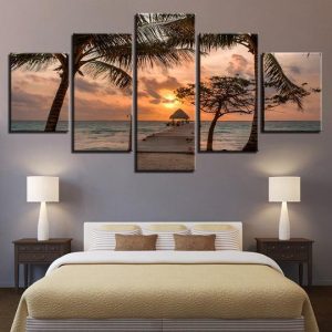 Pier On Tropical Beach At Sunset - Space 5 Panel Canvas Art Wall Decor