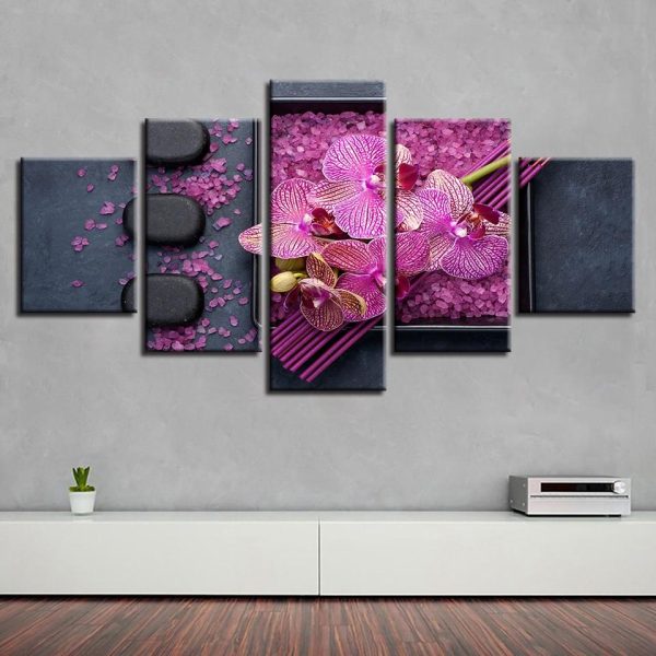 Pink Flower Stone 1 - Nature 5 Panel Canvas Art Wall Decor