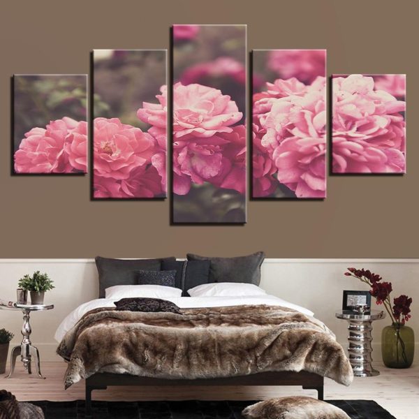 Pink Flowers 2 - Nature 5 Panel Canvas Art Wall Decor