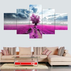 Pink Lavender Flowers And Tree - Nature 5 Panel Canvas Art Wall Decor