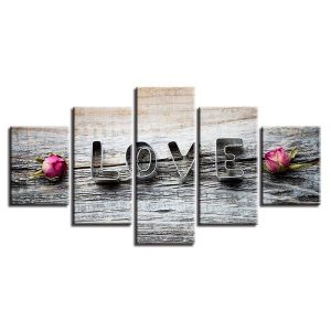 Pink Rose Flower And Love Wood - Abstract 5 Panel Canvas Art Wall Decor