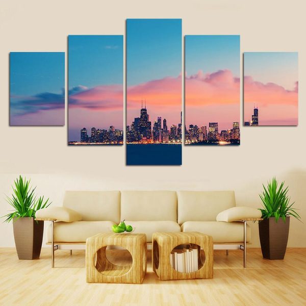 Pinkish Skyline - Nature 5 Panel Canvas Art Wall Decor