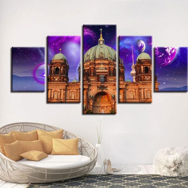 Planet And Berlin Cathedral - Nature 5 Panel Canvas Art Wall Decor